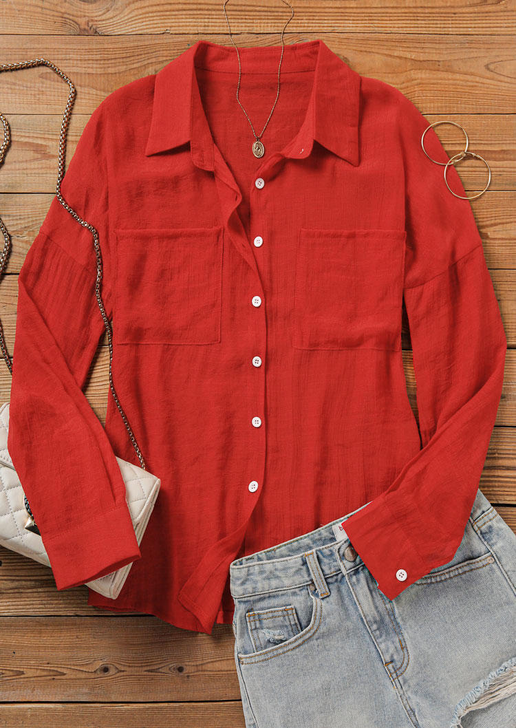 Button Pocket Turn-Down Collar Shirt - Red