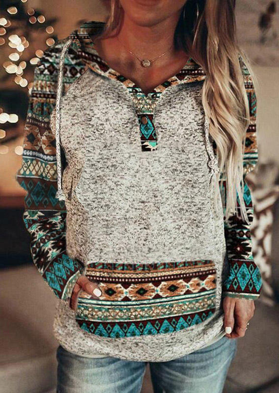 

Hoodies Geometric Snap Button Kangaroo Pocket Ethnic Hoodie in Gray. Size