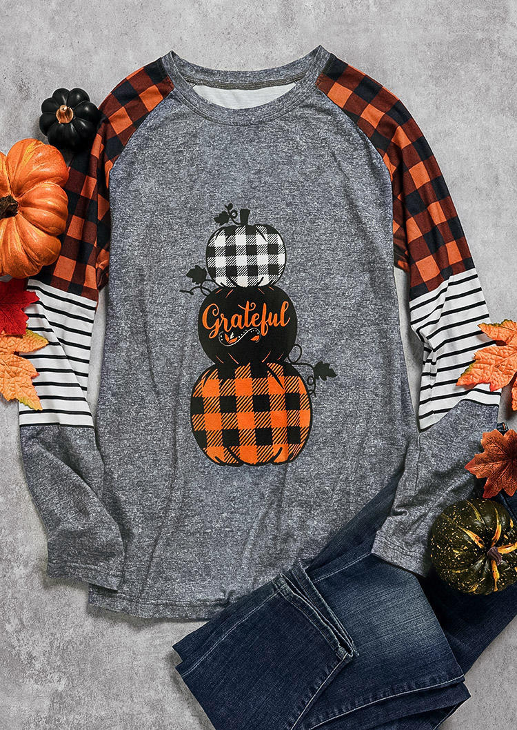 Thanksgiving Grateful Plaid Pumpkin Striped O-Neck T-Shirt Tee - Gray