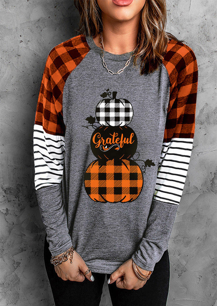 

T-shirts Tees Grateful Plaid Pumpkin Striped O-Neck T-Shirt Tee in Gray. Size