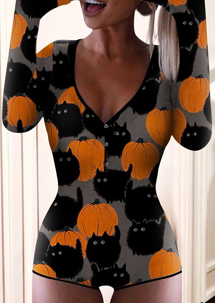

Sleepwear Halloween Pumpkin Cat Functional Buttoned Flap One-Piece Pajamas in Multicolor. Size