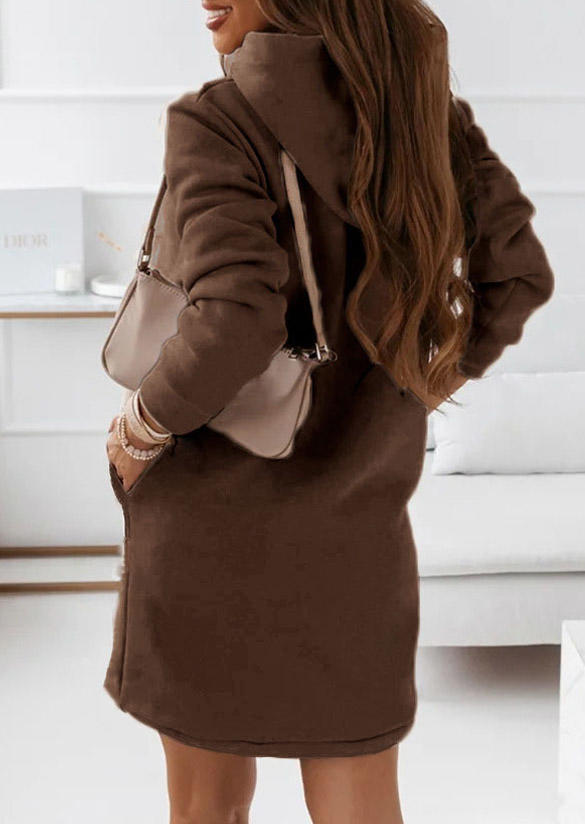 Pocket Long Sleeve Hooded Mini Dress - Dark Brown