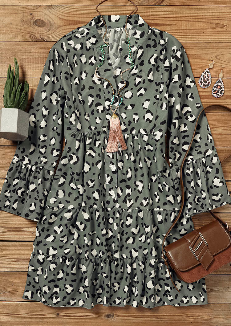 

Mini Dresses Leopard Ruffled Button V-Neck Mini Dress in Multicolor. Size