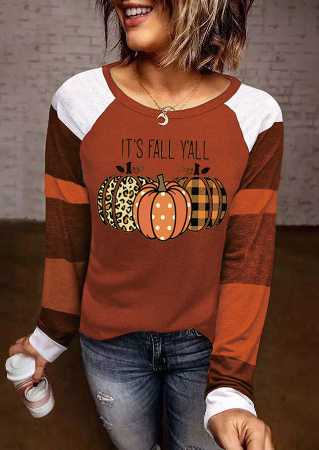 It's Fall Y'all Leopard Plaid Pumpkin Color Block T-Shirt Tee - Orange