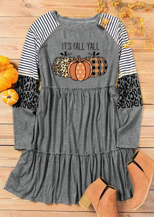 It's Fall Y'all Leopard Plaid Pumpkin Ruffled Mini Dress - Gray