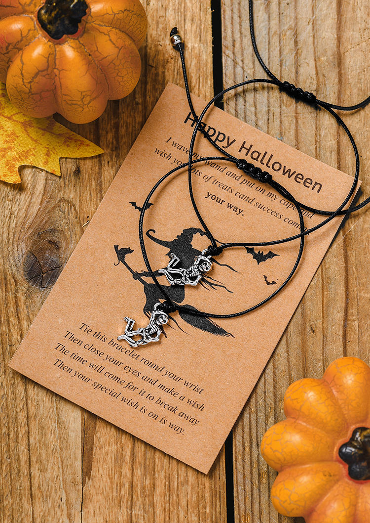 Bracelet 2Pcs Happy Halloween Witch Skeleton Bracelet Set in Multicolor. Size: One Size