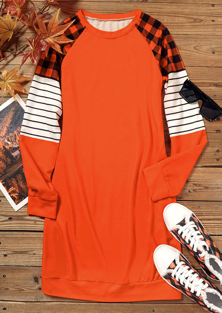 Mini Dresses Plaid Striped Splicing Sweatshirt Mini Dress in Orange. Size: L,M,S