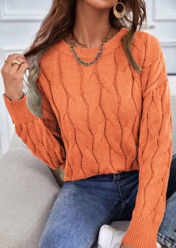 Sweaters Crochet O-Neck Long Sleeve Sweater in Orange. Size: L,M,S,XL