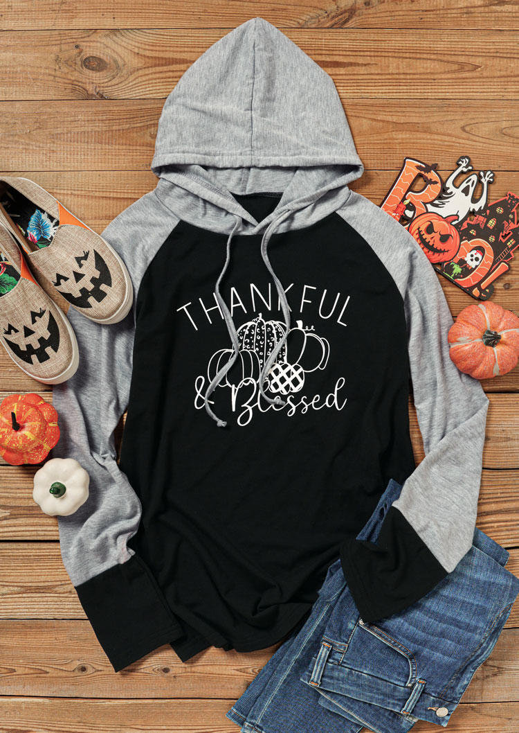 Hoodies Thanksgiving Thankful & Blessed Pumpkin Hoodie in Black. Size: L,M