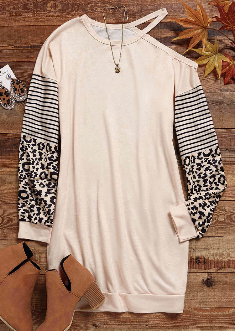 

Mini Dresses Leopard Striped One Sided Cold Shoulder Mini Dress in Apricot. Size: L,,XL