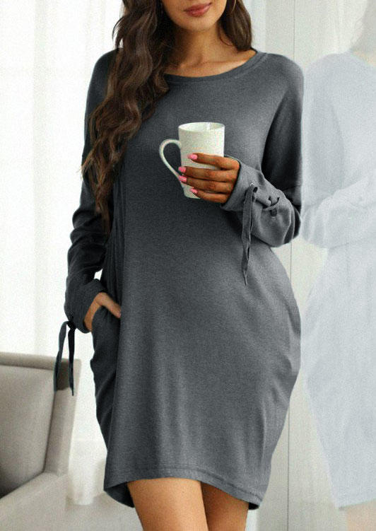 Mini Dresses Lace Up Pocket Long Sleeve Sweatshirt Mini Dress in Gray. Size: L,M,S
