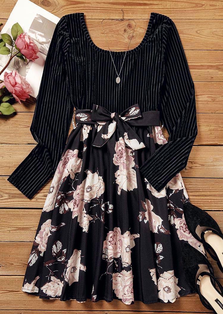 

Mini Dresses Floral Long Sleeve Tie Mini Dress in Black. Size