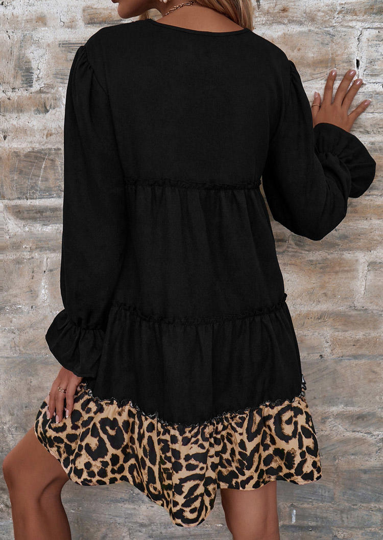 Leopard Ruffled V-Neck Mini Dress - Black