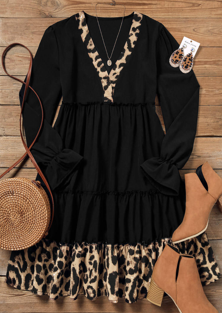 

Mini Dresses Leopard Ruffled V-Neck Mini Dress in Black. Size