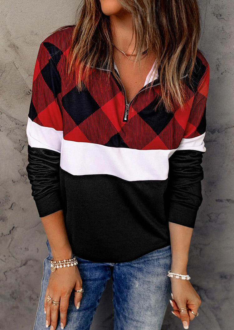 Sweatshirts Plaid Color Block Zipper Collar Long Sleeve Sweatshirt in Multicolor. Size: S,XL