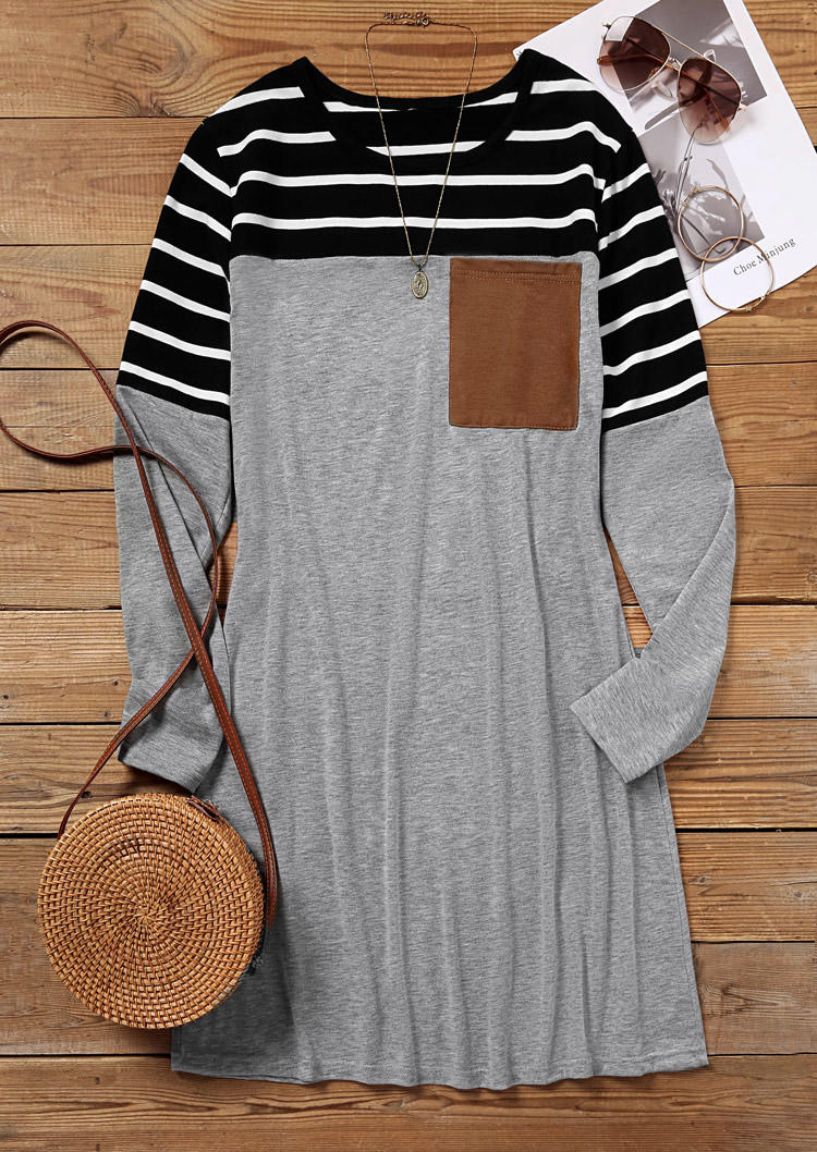 

Mini Dresses Striped Pocket Long Sleeve Mini Dress in Gray. Size