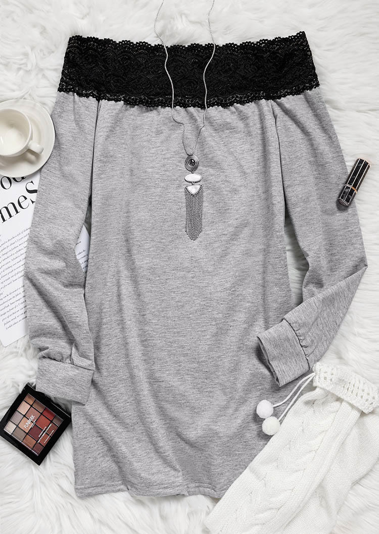

Mini Dresses Lace Splicing Off Shoulder Sweatshirt Mini Dress in Gray. Size