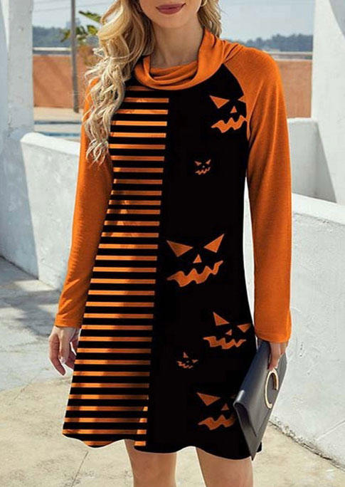 

Mini Dresses Halloween Pumpkin Face Striped Cowl Neck Mini Dress in Multicolor. Size: L,M,,XL
