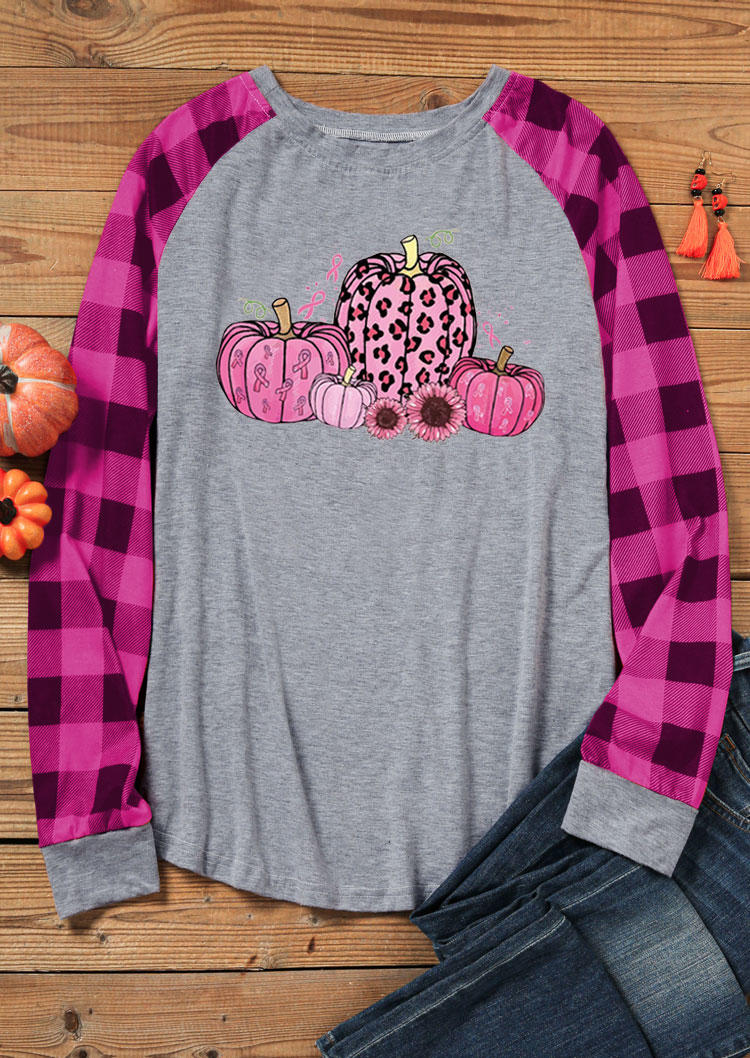 T-shirts Tees Breast Cancer Awareness Pumpkin Leopard Plaid T-Shirt Tee in Gray. Size: L,M,S,XL