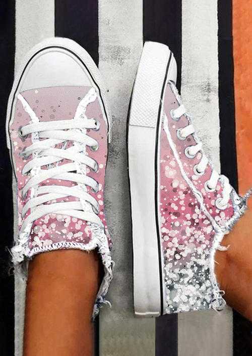 Sneakers Gradient Glitter Lace Up Flat Sneakers in Pink. Size: 37,38,39,40,41