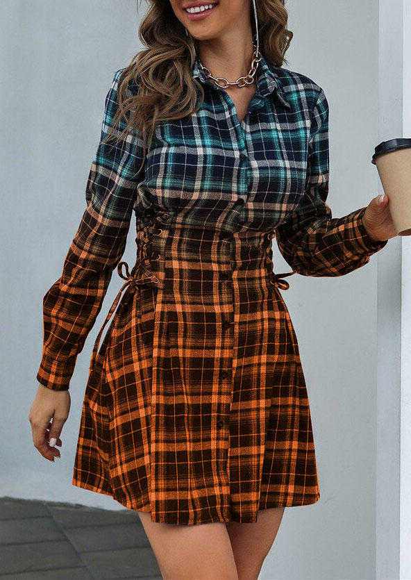 Gradient Plaid Button Lace Up Turn-Down Collar Shirt Mini Dress