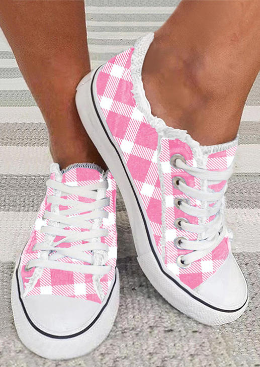 Plaid Lace Up Round Toe Flat Sneakers - Pink