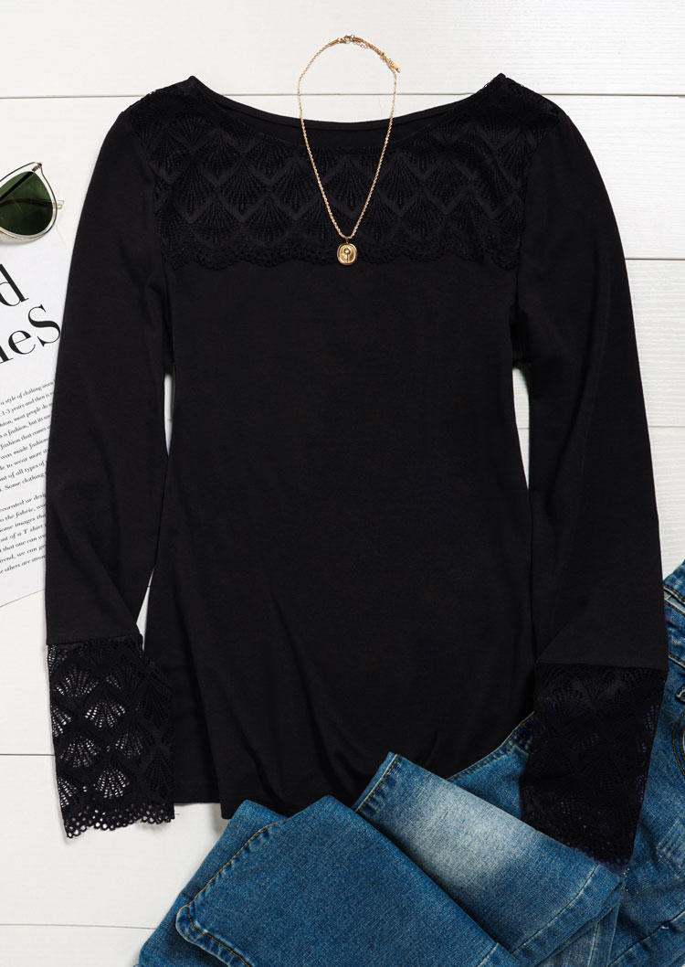 

Blouses Lace Splicing Long Sleeve Blouse in Black. Size