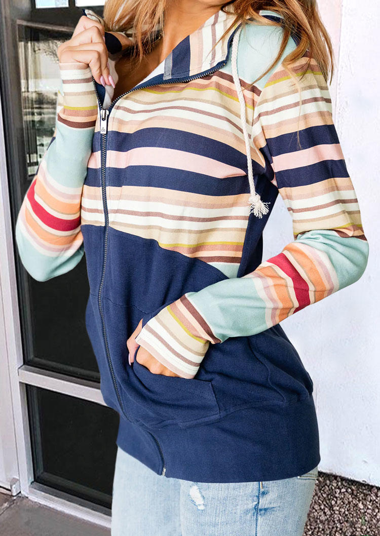 Hoodies Colorful Striped Pocket Zipper Drawstring Hoodie in Multicolor. Size: L,S