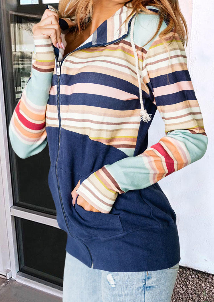 

Hoodies Colorful Striped Pocket Zipper Drawstring Hoodie in Multicolor. Size