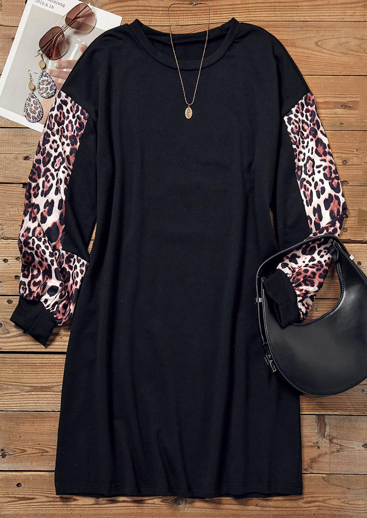 Mini Dresses Leopard O-Neck Sweatshirt Mini Dress in Black. Size: L,M,S,XL