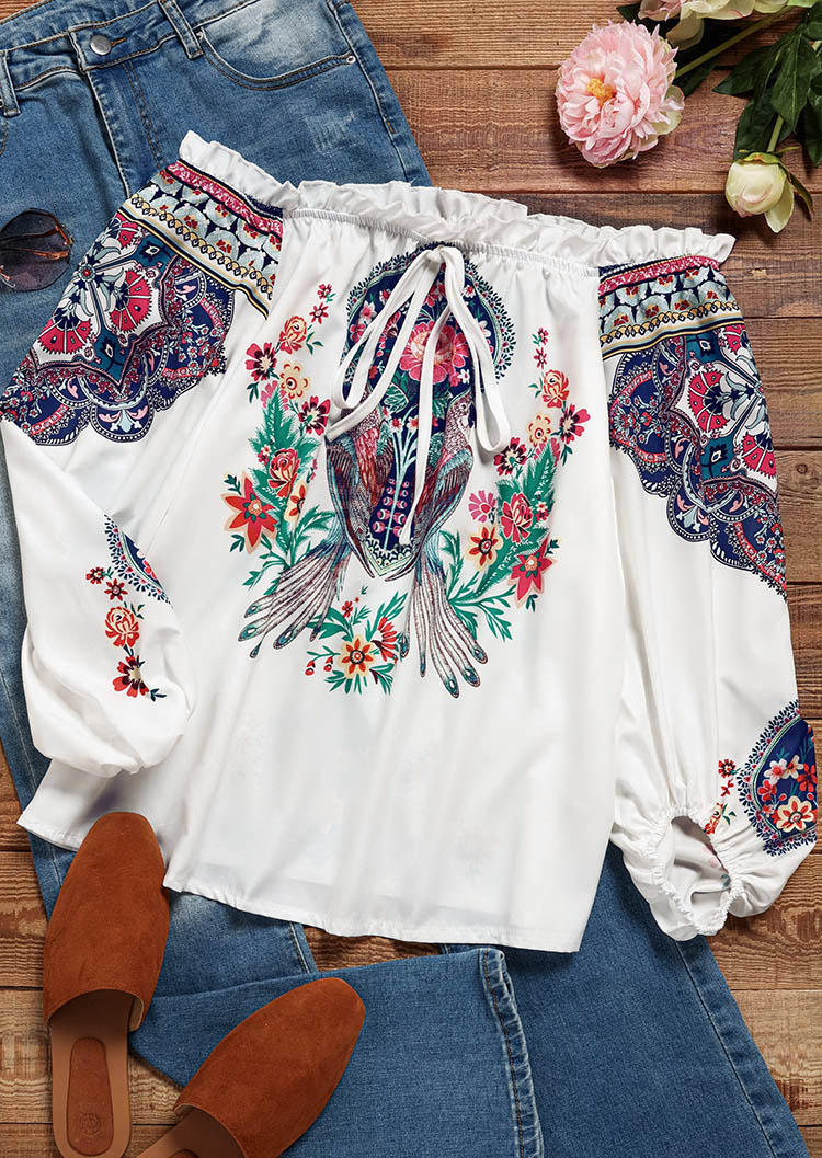

Blouses Floral Tie Ruffled Off Shoulder Blouse in White. Size: L,M,,XL