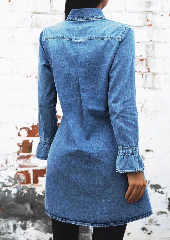 Mini Dresses Button Pocket Long Sleeve Denim Mini Dress in Blue. Size: L,M,S,XL