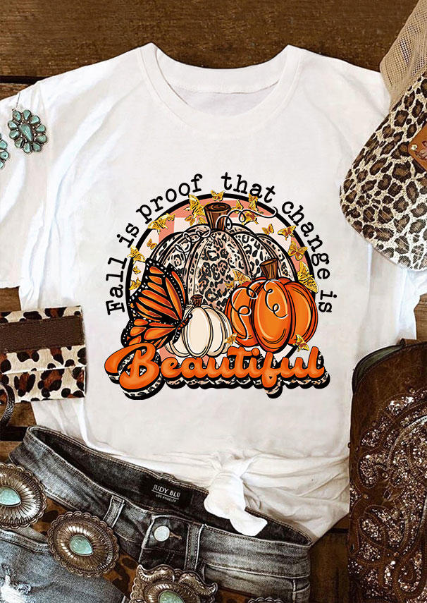 

T-shirts Tees Fall Is Proof That Change Is Beautiful Leopard Pumpkin T-Shirt Tee in White. Size: ,XL