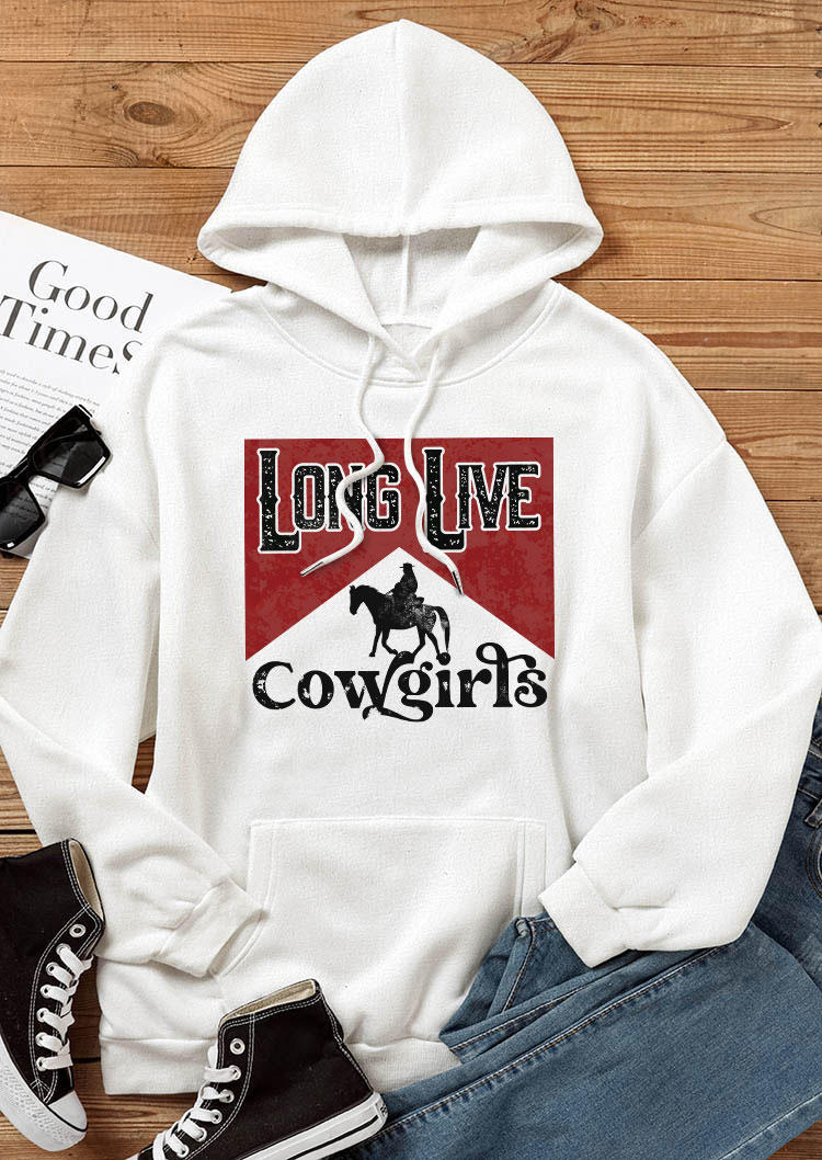 Hoodies Long Live Cowgirls Horse Kangaroo Pocket Hoodie in White. Size: L,M,S,XL