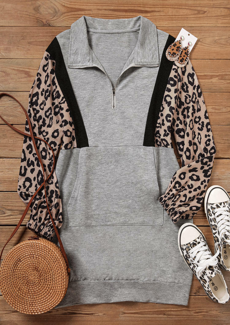 Mini Dresses Leopard Zipper Pocket Hooded Mini Dress in Gray. Size: L,M,S,XL