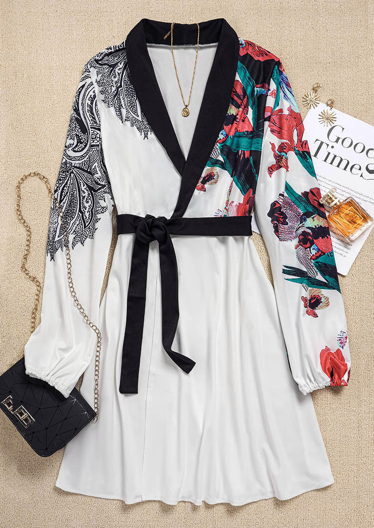 Mini Dresses Floral Long Sleeve Wrap V-Neck Mini Dress in White. Size: L,XL