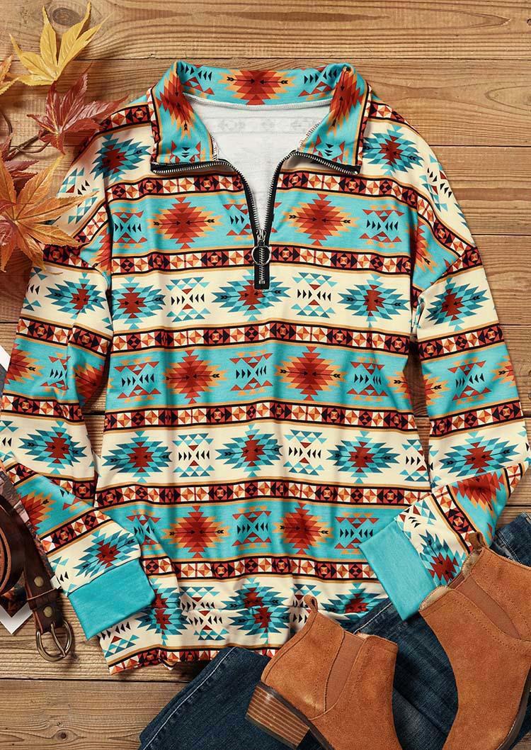 Sweatshirts Aztec Geometric Zipper Collar Sweatshirt in Multicolor. Size: L,M,S,XL