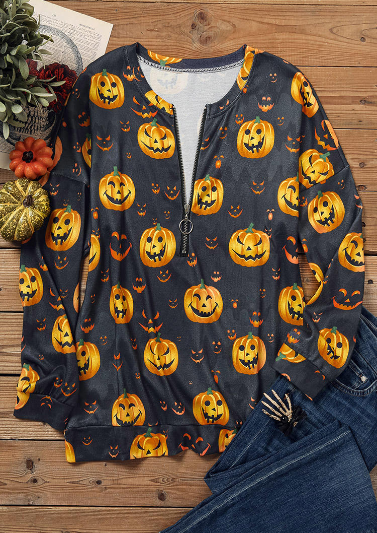 Sweatshirts Halloween Pumpkin Face Zipper Sweatshirt in Multicolor. Size: M,S,XL