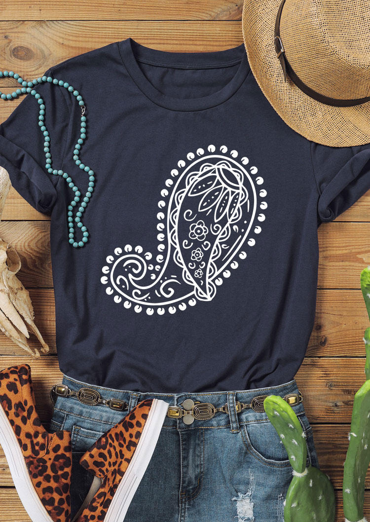 T-shirts Tees Paisley O-Neck Casual T-Shirt Tee in Blue. Size: S