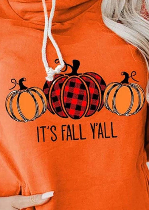 Hoodies It's Fall Y'all Buffalo Plaid Pumpkin Drawstring Hoodie in Orange. Size: L,M,S,XL