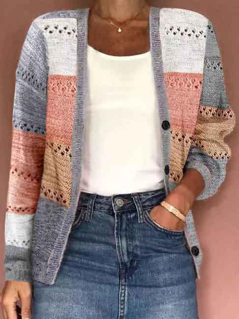 

Cardigans Color Block Button Hollow Out Sweater Cardigan in Multicolor. Size