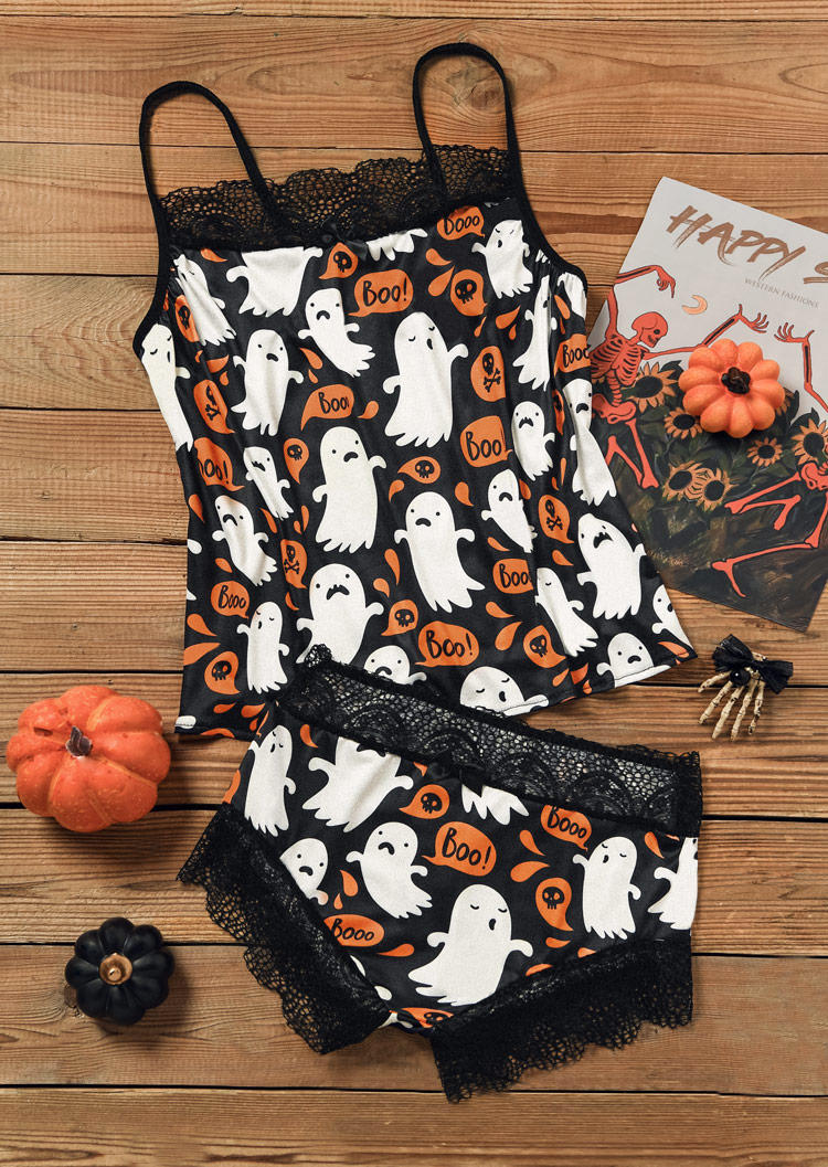 Sleepwear Halloween Boo Ghost Lace Splicing Camisole And Shorts in Black. Size: L,M,S