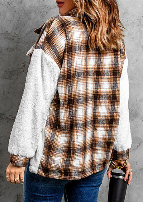 Coats Plaid Splicing Pocket Button Turn-down Collar Coat in Multicolor. Size: XL