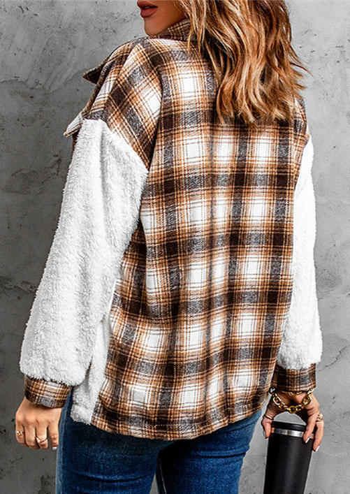 

Coats Plaid Splicing Pocket Button Turn-down Collar Coat in Multicolor. Size