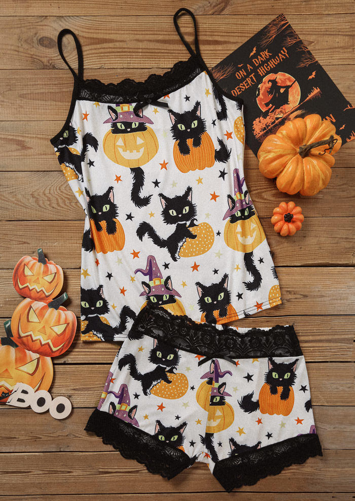 Sleepwear Halloween Pumpkin Face Cat Lace Camisole And Shorts Pajamas Set in Multicolor. Size: L,M,S,XL