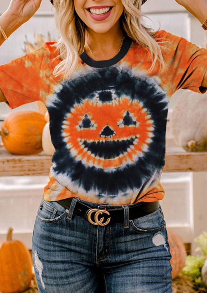 

T-shirts Tees Halloween Pumpkin Face Tie Dye T-Shirt Tee in Multicolor. Size