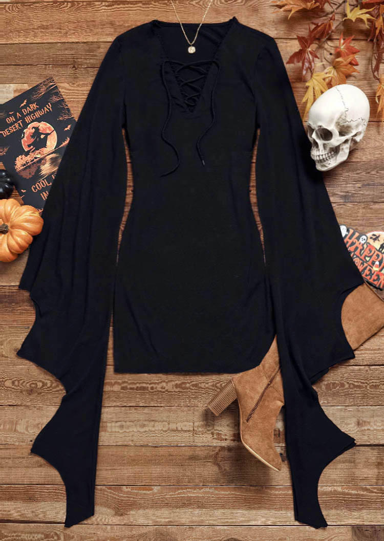 Bodycon Dresses Halloween Lace Up Batwing Sleeve Bodycon Dress in Black. Size: 3XL,S