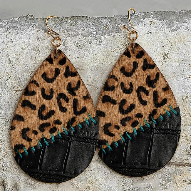 Leopard Splicing PU Leather Hook Earrings