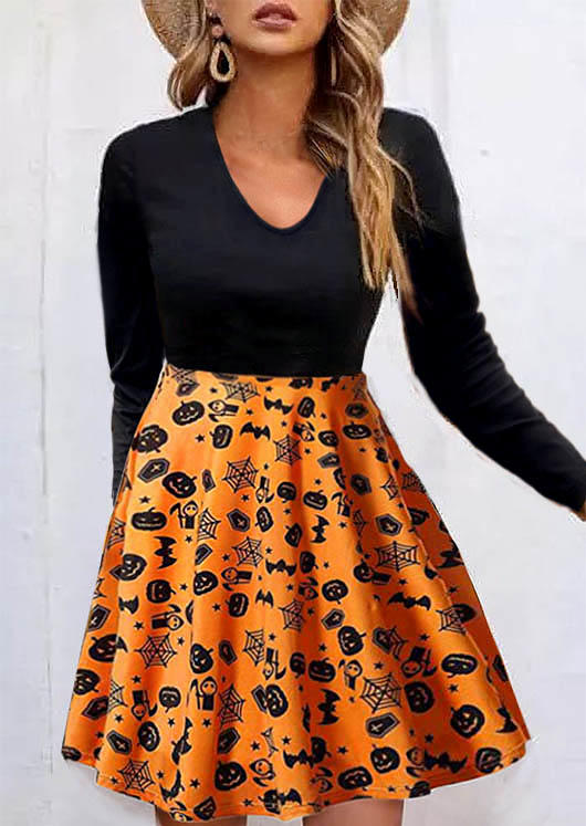 Mini Dresses Halloween Pumpkin Face Bat Long Sleeve Mini Dress in Black. Size: L,M,S,XL