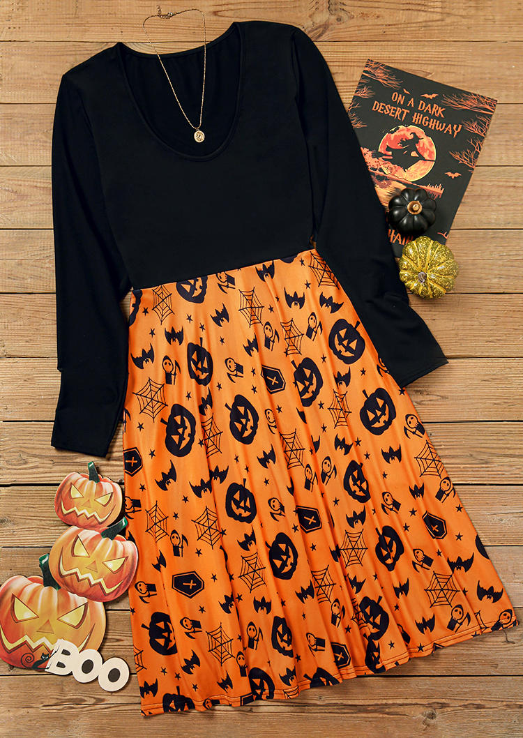 Halloween Pumpkin Face Bat Long Sleeve Mini Dress - Black